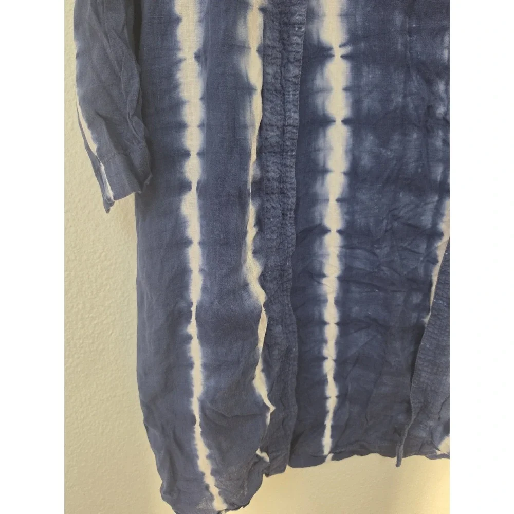 Chico's Open Cardigan Size 1P Boho Tie Dye Blue White Linen 3/4 Sleeve Sweater